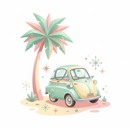 Pastel Vintage Microcar and Palm Tree