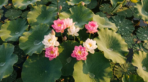 Overhead View of Blooming Lotus Flowers
