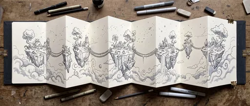 Accordion Sketchbook Drawing of Floating Islands