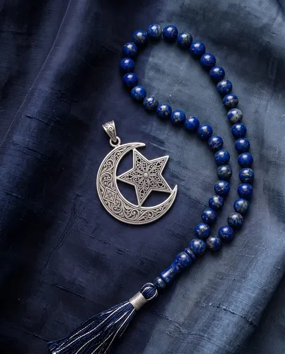 Silver Crescent Pendant and Lapis Prayer Beads