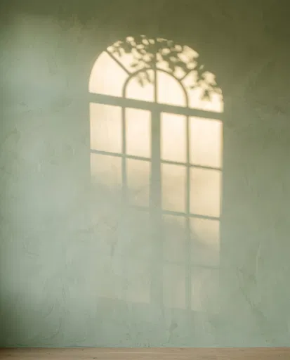 Arched Window Sunlight on Sage Wall