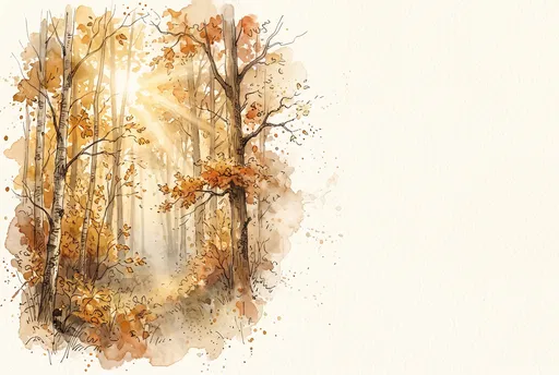 Watercolor Autumn Forest With Sunbeams