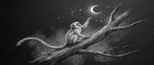 Charcoal Drawing of Monkey Reaching for Moon