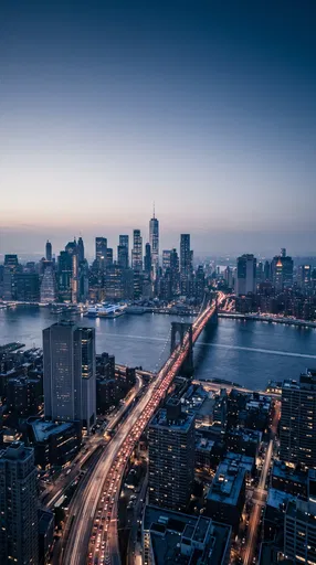 Aerial City Skyline and Bridge at Twilight