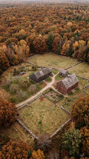 Aerial View of Colonial Autumn Farmstead