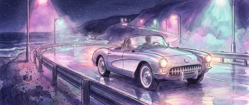 Watercolor Retro Convertible on Night Coastal Highway