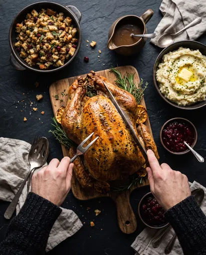 Hands Carving Thanksgiving Roast Turkey Dinner