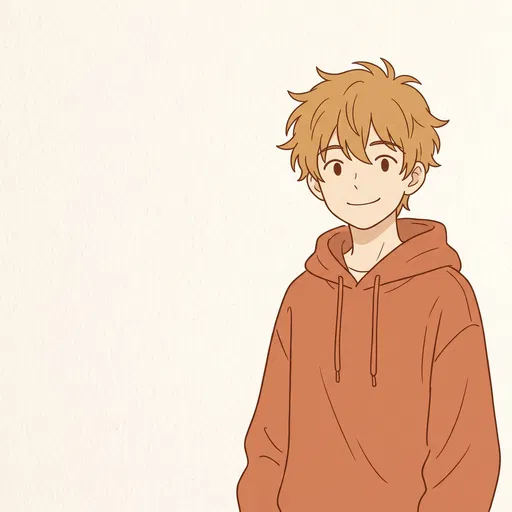 Smiling Anime Boy in Terracotta Hoodie