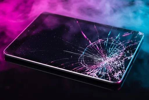 Cracked Tablet Screen in Neon Haze