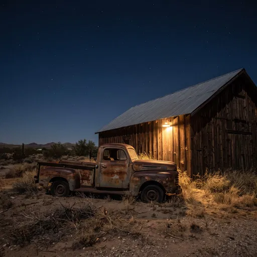 Rusty Vintage Truck Beside Barn at Night