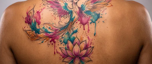 Watercolor Phoenix and Lotus Back Tattoo