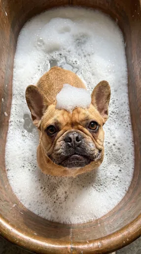 French Bulldog in Copper Bubble Bath