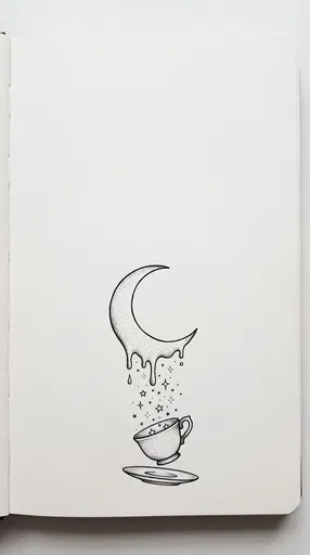 Melting Moon and Teacup Ink Drawing