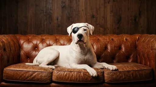 White Dog Wearing Eyepatch on Leather Sofa