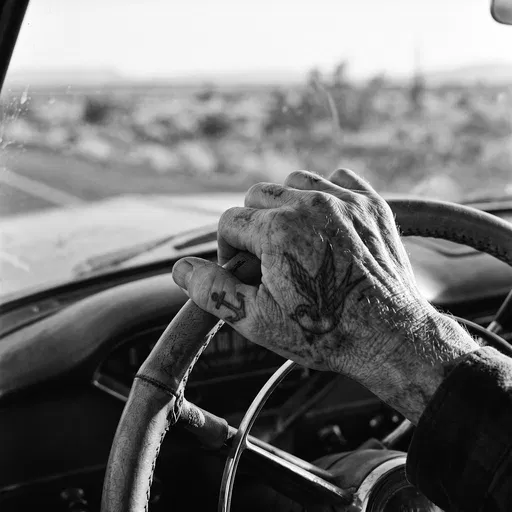 Weathered Tattooed Hand on Vintage Steering Wheel