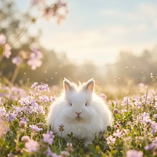 Fluffy White Bunny in Wildflower Meadow
