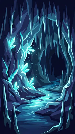 Glowing Crystal Cavern Underground Stream Illustration