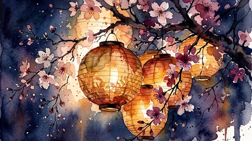 Watercolor Glowing Paper Lanterns on Blossom Branch