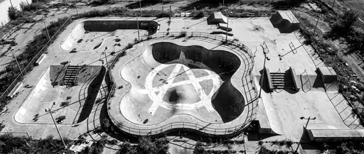 Monochrome Aerial View of Abandoned Anarchy Skatepark