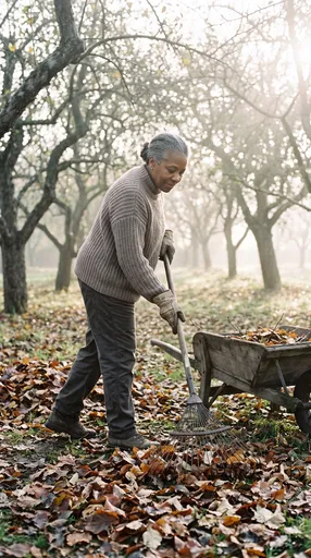 Senior Woman Raking Leaves in Misty Orchard