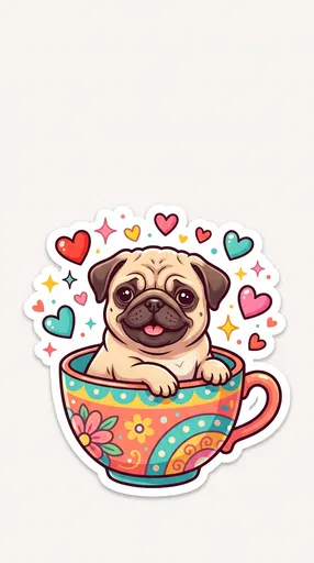 Cute Pug Puppy in Colorful Teacup Sticker