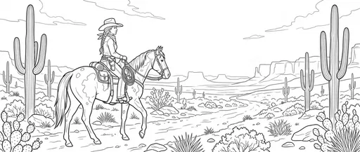 Cowgirl Riding Horse Desert Coloring Page