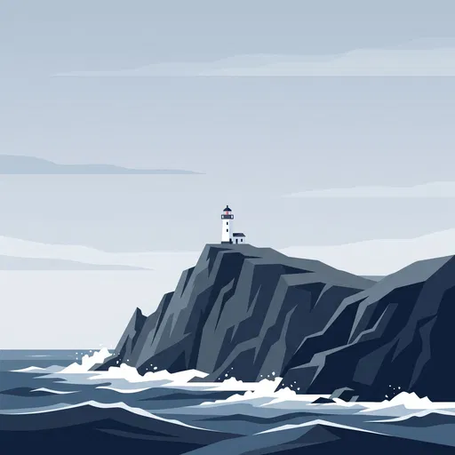 Flat Illustration of Lighthouse on Rocky Cliff