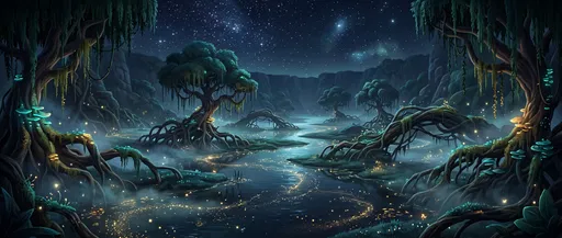 Enchanted Bioluminescent Swamp Under Starry Night