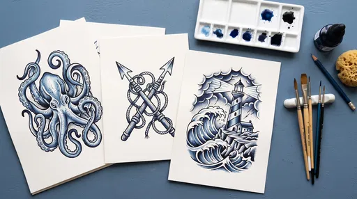 Nautical Tattoo Flash Paintings Flat Lay