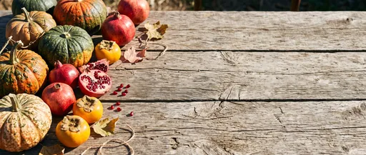 Autumn Harvest Squash and Fruit on Wood
