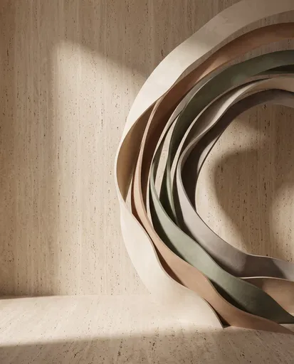 Neutral Ribbon Arches Against Travertine Wall