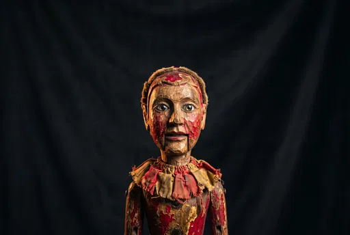 Eerie Hand-Carved Wooden Carnival Puppet