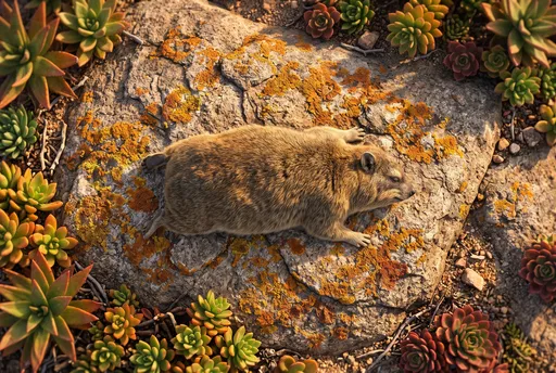 Cape Hyrax Sunbathing on Lichen Rock