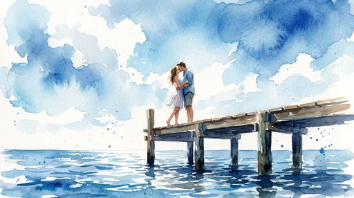 Watercolor Couple Kissing on Wooden Pier