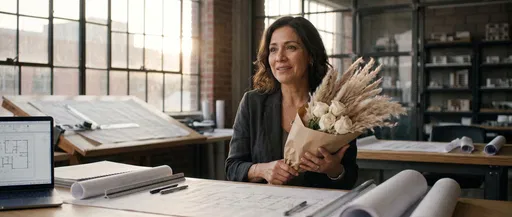 Architect Holding Bouquet in Sunlit Studio