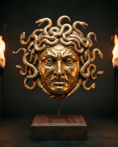 Ancient Gold Medusa Mask on Stand
