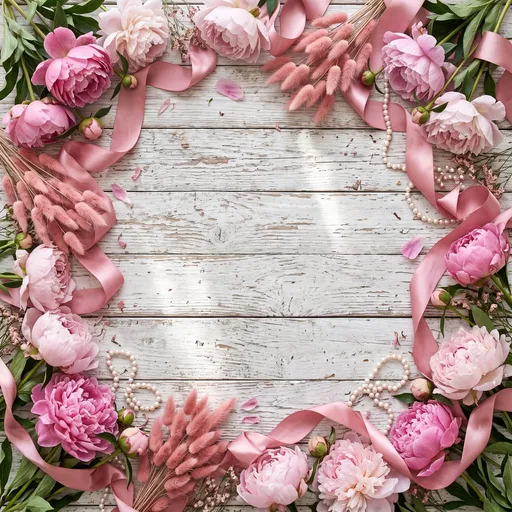 Pink Peonies and Ribbon Rustic Wood Flatlay