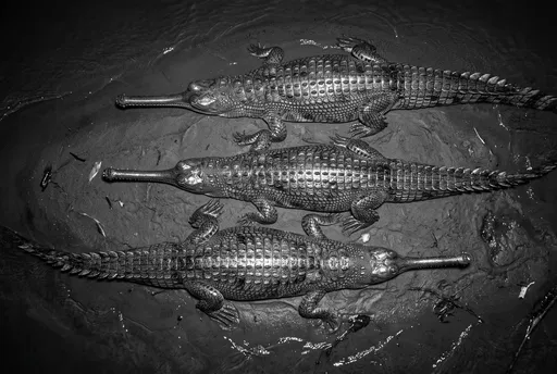 Monochrome Aerial View of Three Gharials