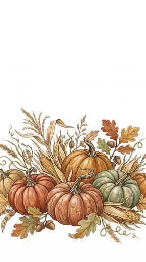 Autumn Heirloom Pumpkins Botanical Border Illustration