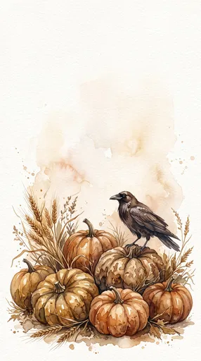 Watercolor Raven Perched on Autumn Pumpkins