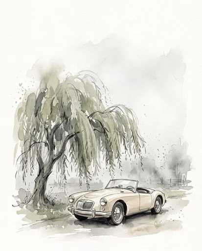 Watercolor Classic Roadster Under Willow Tree