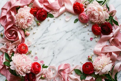 Romantic Floral and Silk Ribbon Marble Flatlay