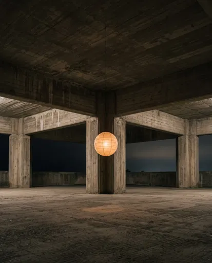 Glowing Lantern in Brutalist Concrete Pavilion