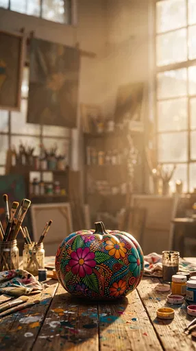 Floral Painted Pumpkin in Sunlit Artist Studio