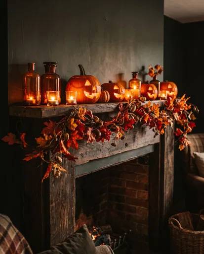 Rustic Mantelpiece With Glowing Halloween Pumpkins