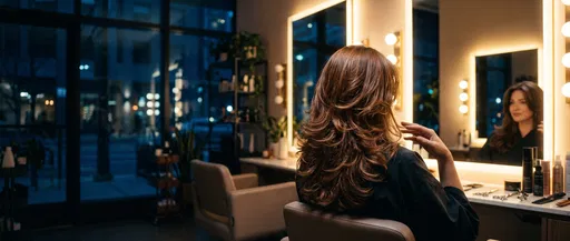 Woman With Layered Chestnut Hair in Salon