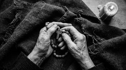 Weathered Hands Holding Wooden Rosary