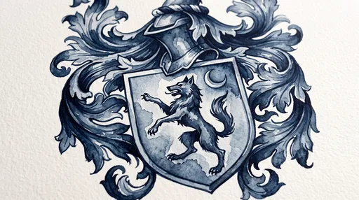Indigo Watercolor Heraldic Wolf Crest Illustration