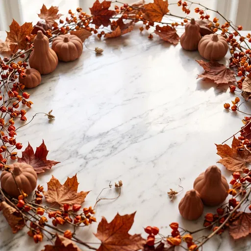 Autumn Gourds and Leaves Border on Marble