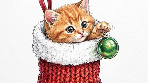 Ginger Kitten in Christmas Stocking Illustration